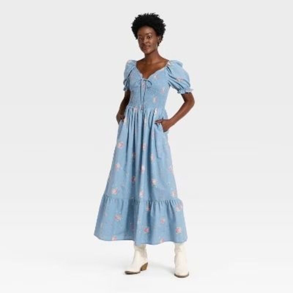 Universal Thread Western Puff Short Sleeve Smocked Midi A-Line Dress - Medium
